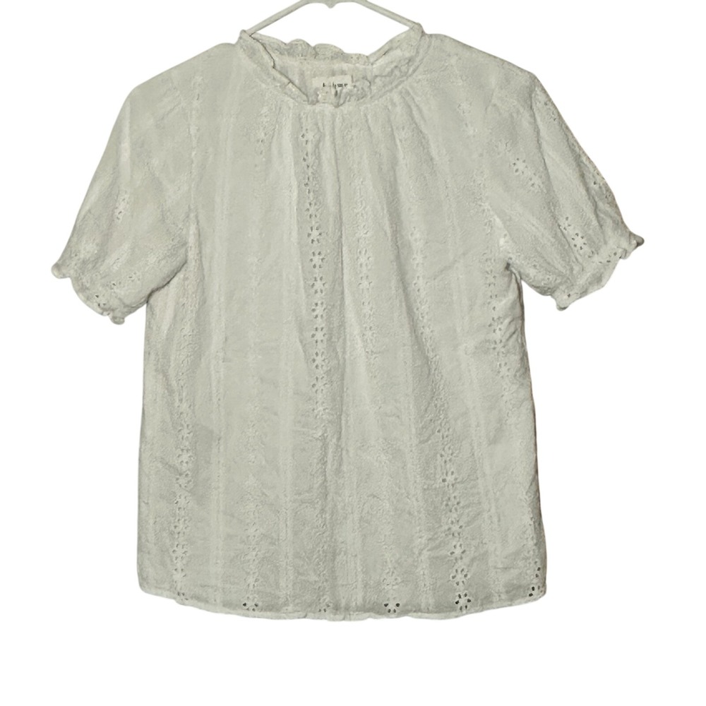 Bohme White Eyelet Ruffle Mock Neck Puff Sleeve Blouse Womens XS Cottagecore